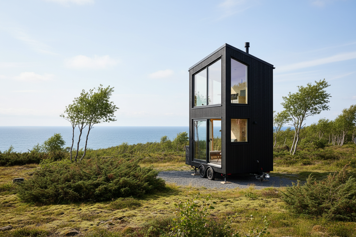 mikrohus på hjul med mye vinduer